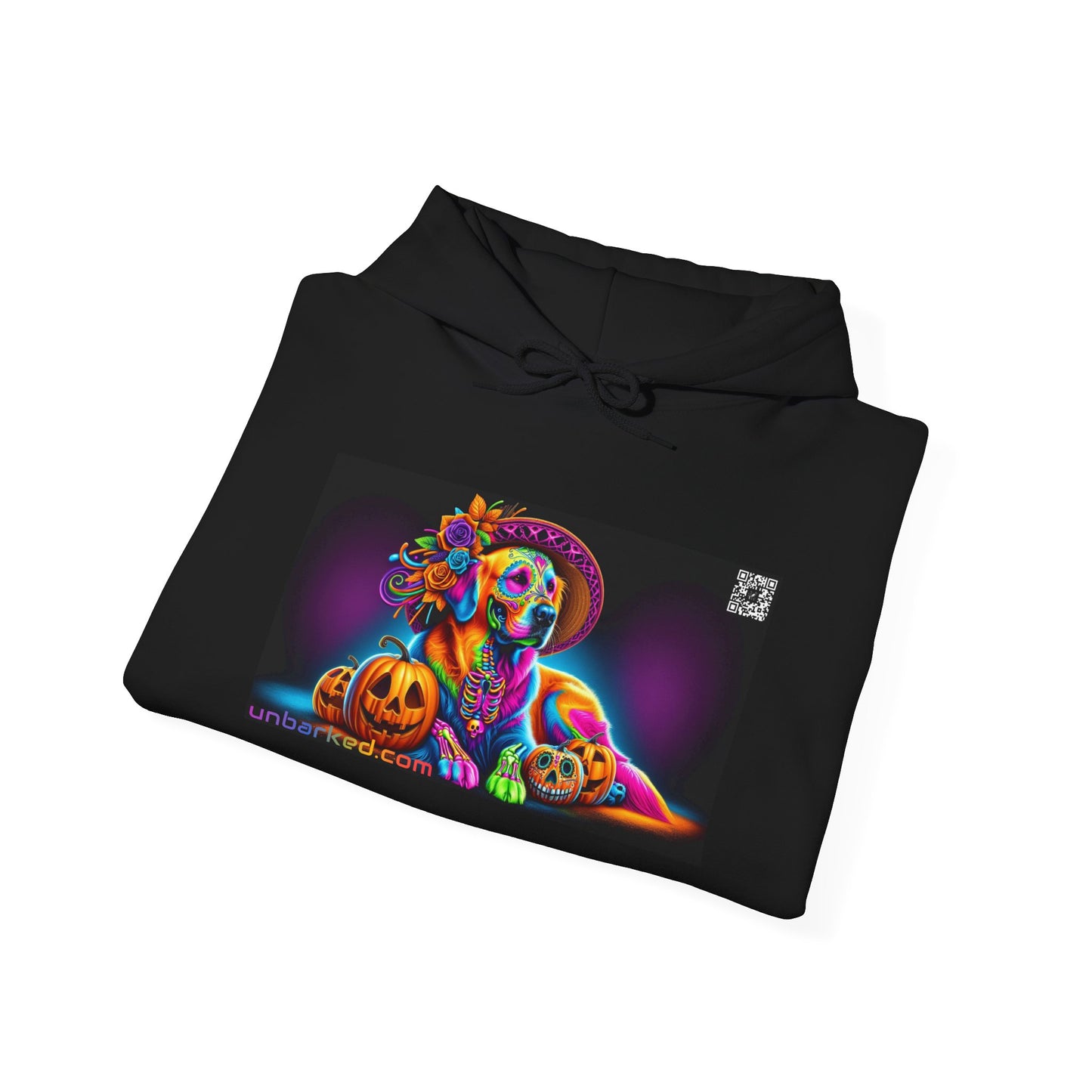 Unisex Heavy Blend™ Hooded Sweatshirt UNBARKED! Halloween Collection - Golden Retreiver Dog Vibrant Día de Muertos Tattoo