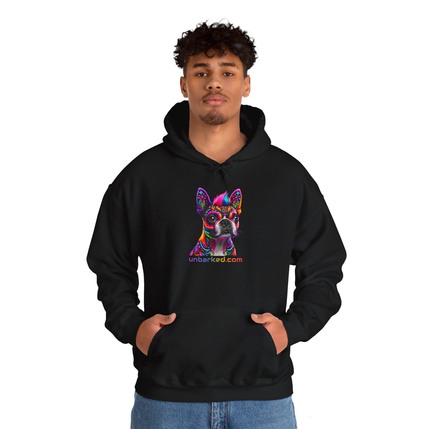 Hooded Sweatshirt UNBARKED! Halloween Collection - Boston Terrier Dog Vibrant Día de Muertos Tattoo Hoodie Unisex Heavy Blend™