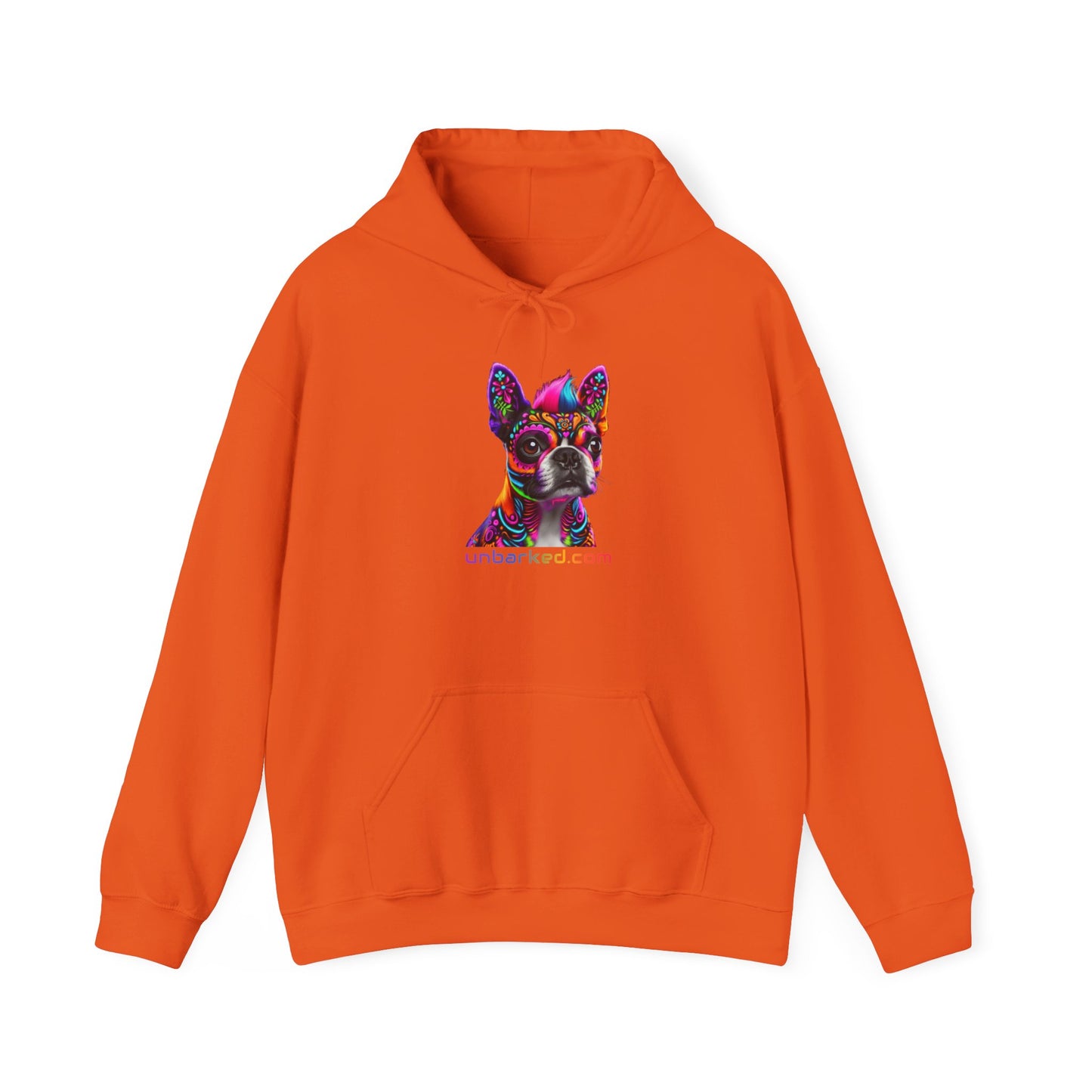 Hooded Sweatshirt UNBARKED! Halloween Collection - Boston Terrier Dog Vibrant Día de Muertos Tattoo Hoodie Unisex Heavy Blend™