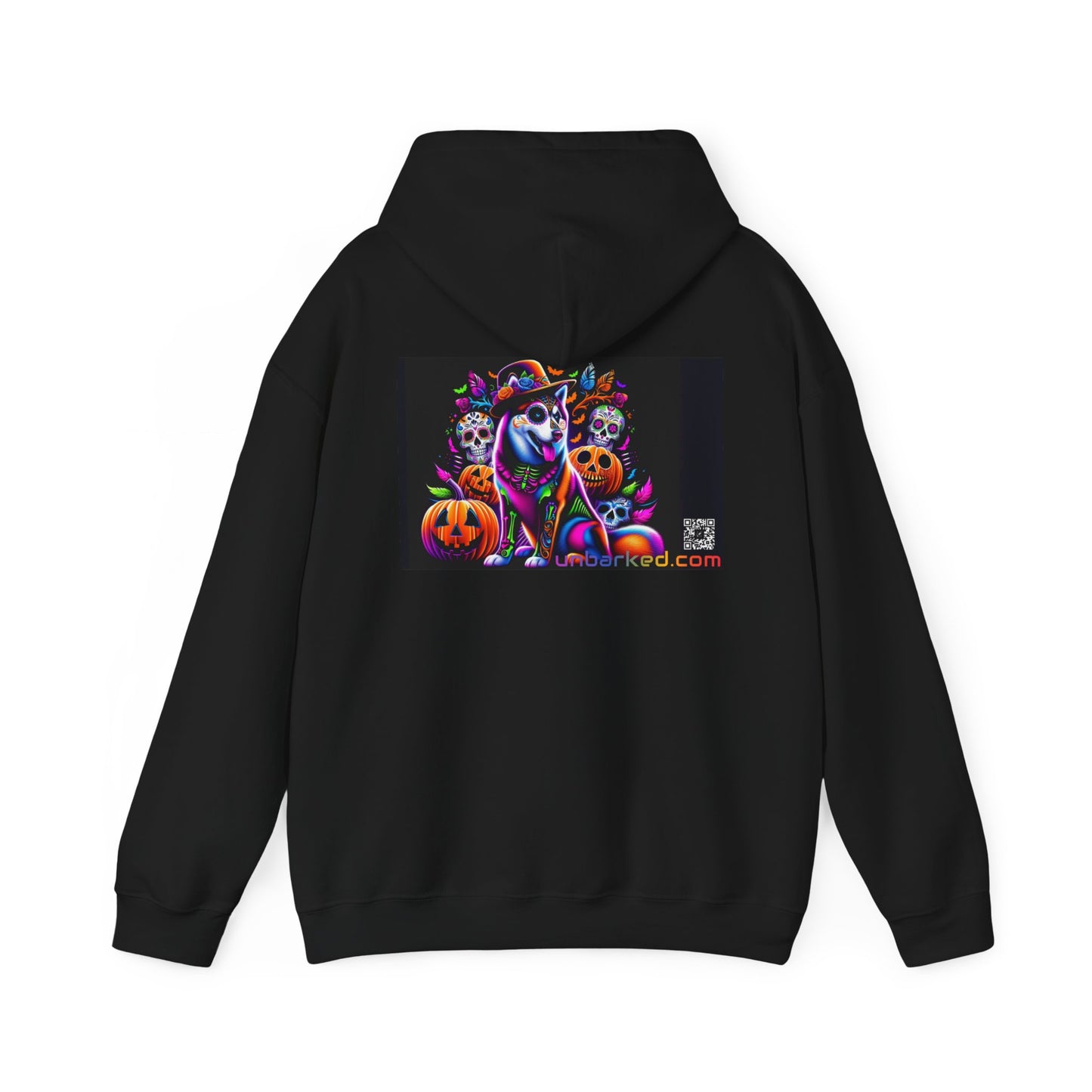 Unisex Heavy Blend™ Hooded Sweatshirt UNBARKED! Halloween Collection - Husky/ Alaskan Malamute Dog Vibrant Día de Muertos Tattoo