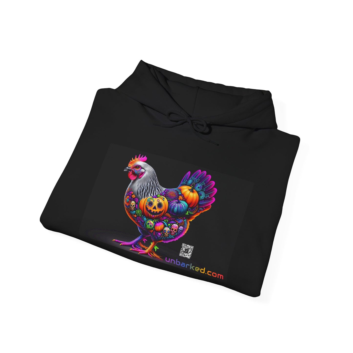 Unisex Heavy Blend™ Hooded Sweatshirt UNBARKED! Halloween Collection - Silver Laced Wyndotte Chicken Vibrant Día de Muertos Tattoo