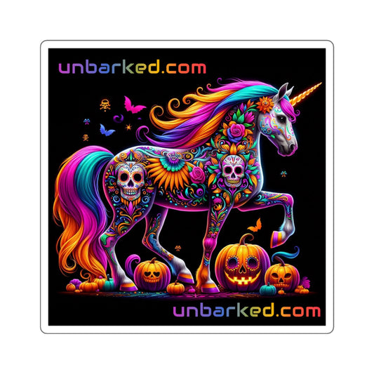 3x3" Square Sticker UNBARKED! Halloween Collection - Unicorn Vibrant Día de Muertos Tattoo