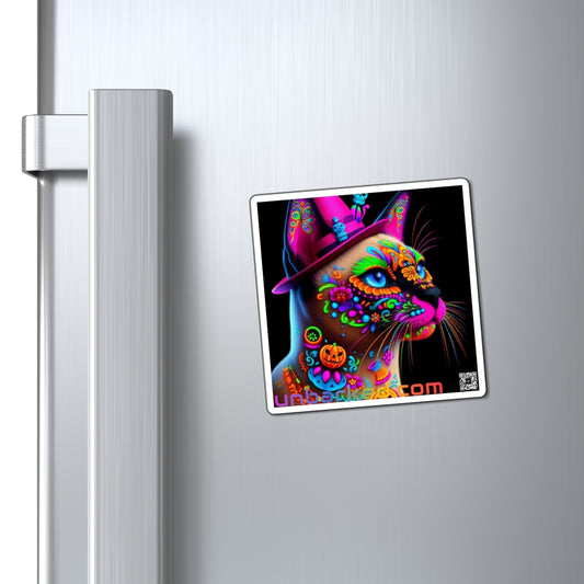 3" Square Magnet - UNBARKED! Halloween Collection - Siamese Cat Vibrant Día de Muertos Tattoo