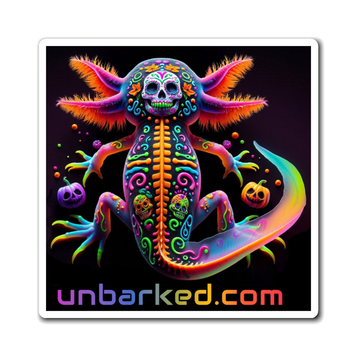 3" Square Magnet - UNBARKED! Halloween Collection - Axolotl Vibrant Día de Muertos Tattoo