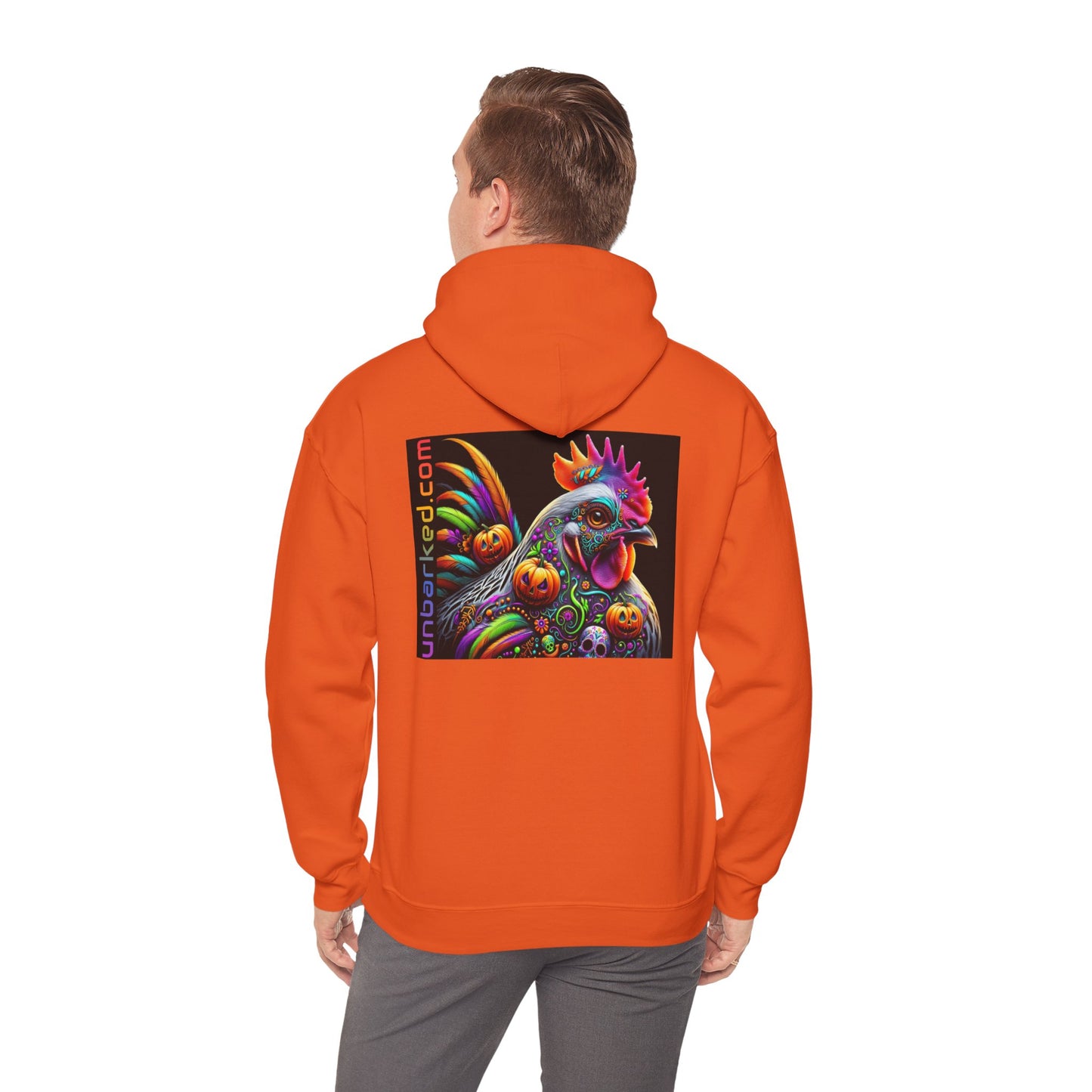 Unisex Heavy Blend™ Hooded Sweatshirt UNBARKED! Halloween Collection - Silver Laced Wyndotte Chicken Vibrant Día de Muertos Tattoo