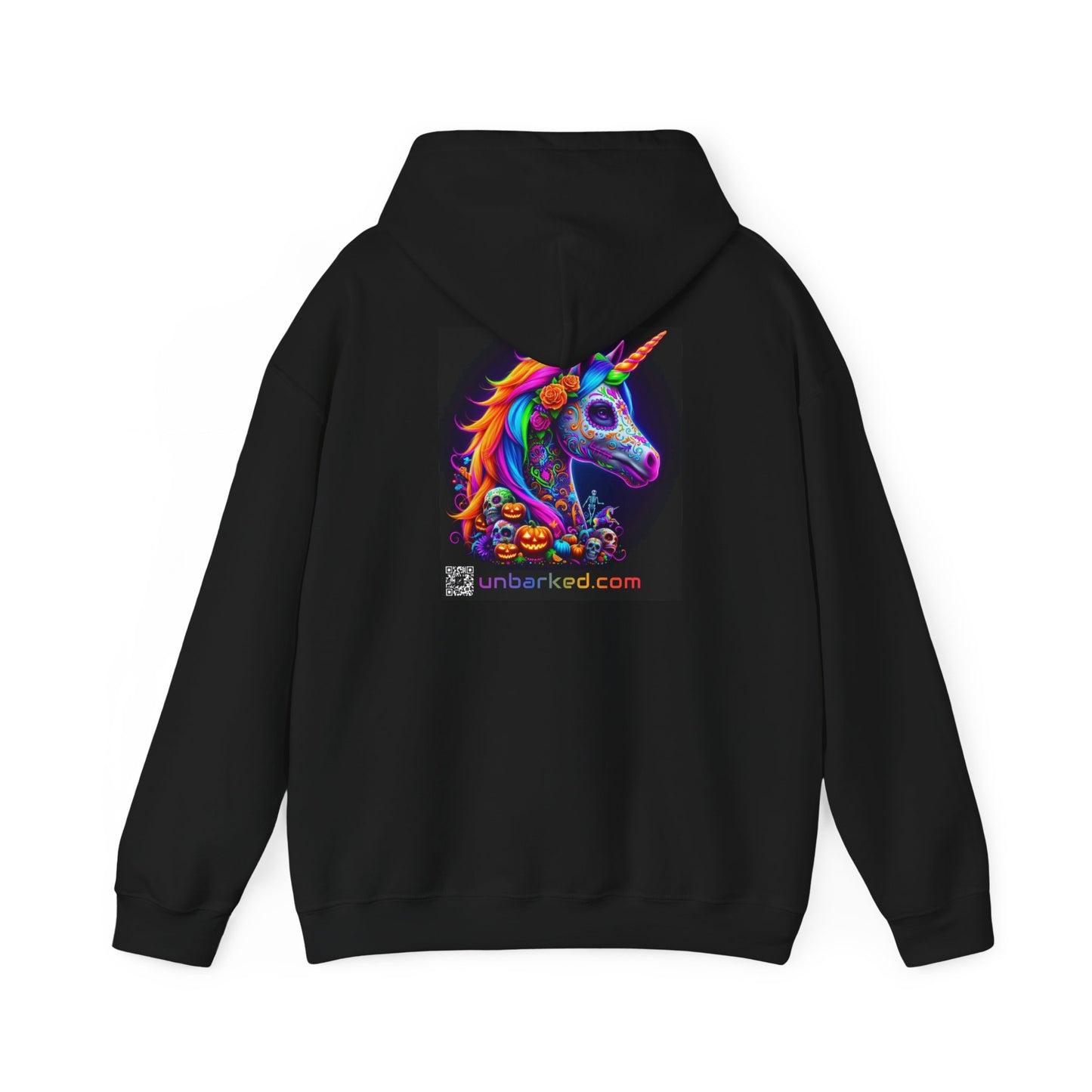 Unisex Heavy Blend™ Hooded Sweatshirt UNBARKED! Halloween Collection - Unicorn Vibrant Día de Muertos Tattoo