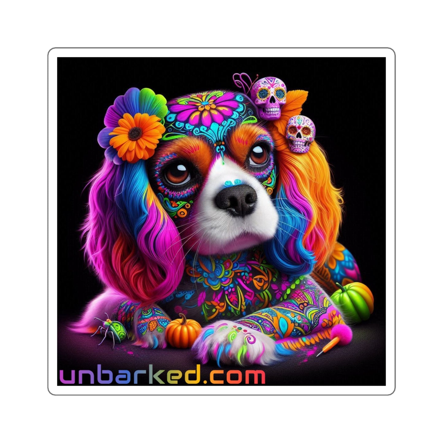 3x3" Square Sticker UNBARKED! Halloween Collection - Cavalier King Charles Spaniel Dog Vibrant Día de Muertos Tattoo