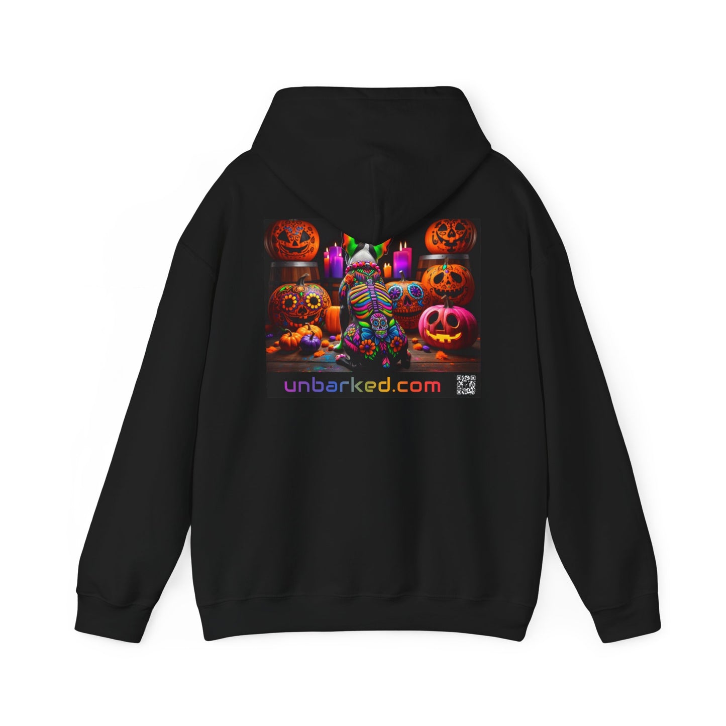 Hooded Sweatshirt UNBARKED! Halloween Collection - Boston Terrier Dog Vibrant Día de Muertos Tattoo Hoodie Unisex Heavy Blend™