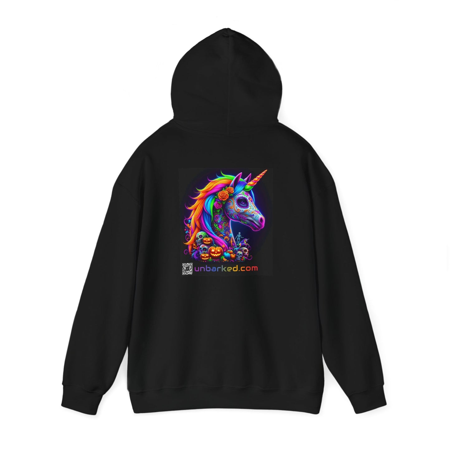 Unisex Heavy Blend™ Hooded Sweatshirt UNBARKED! Halloween Collection - Unicorn Vibrant Día de Muertos Tattoo