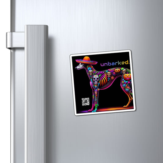 3" Square Magnet - UNBARKED! Halloween Collection - Galgo Greyhound Dog Vibrant Día de Muertos Tattoo