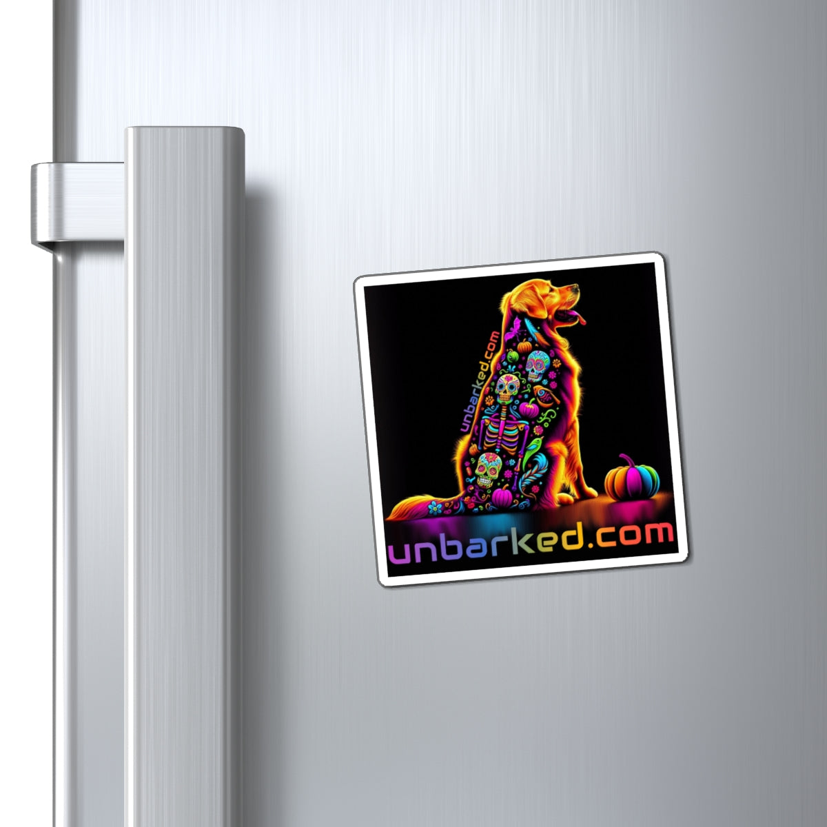 3" Square Magnet - UNBARKED! Halloween Collection - Golden Retreiver Dog Vibrant Día de Muertos Tattoo