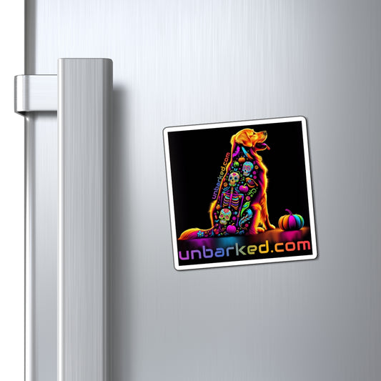 3" Square Magnet - UNBARKED! Halloween Collection - Golden Retreiver Dog Vibrant Día de Muertos Tattoo