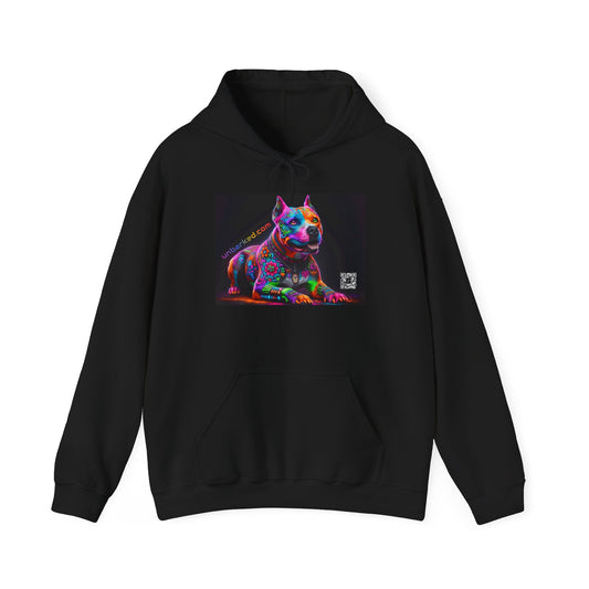 Hooded Sweatshirt UNBARKED! Halloween Collection - Pittie, Pitbull Dog Vibrant Día de Muertos Tattoo Hoodie Unisex Heavy Blend™