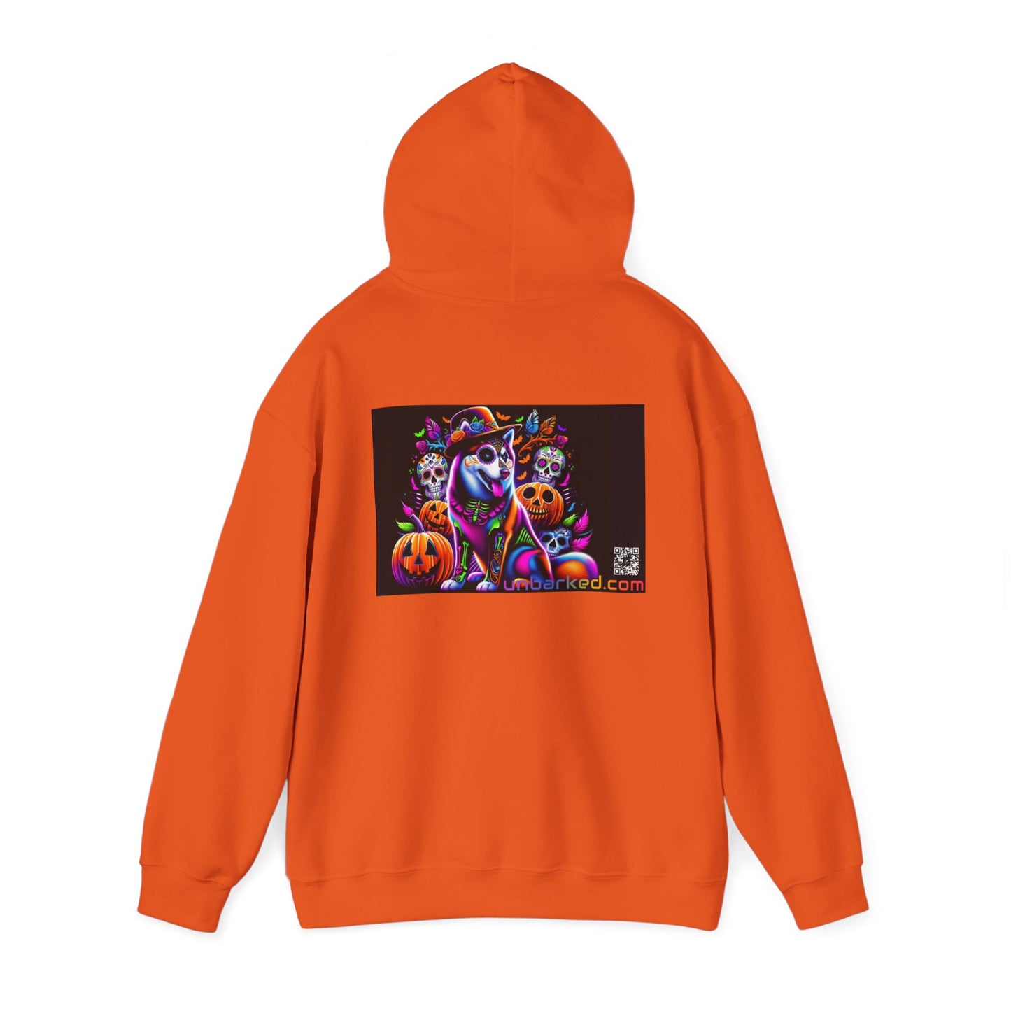 Unisex Heavy Blend™ Hooded Sweatshirt UNBARKED! Halloween Collection - Husky/ Alaskan Malamute Dog Vibrant Día de Muertos Tattoo