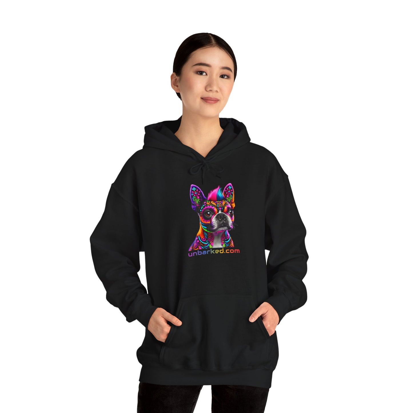 Hooded Sweatshirt UNBARKED! Halloween Collection - Boston Terrier Dog Vibrant Día de Muertos Tattoo Hoodie Unisex Heavy Blend™