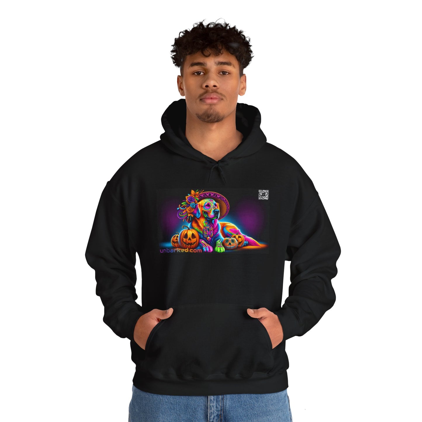 Unisex Heavy Blend™ Hooded Sweatshirt UNBARKED! Halloween Collection - Golden Retreiver Dog Vibrant Día de Muertos Tattoo